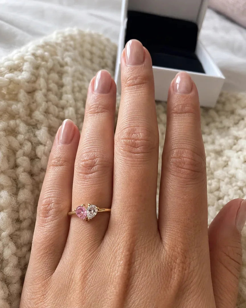 Customer wearing the Veria Ring with two birthstones