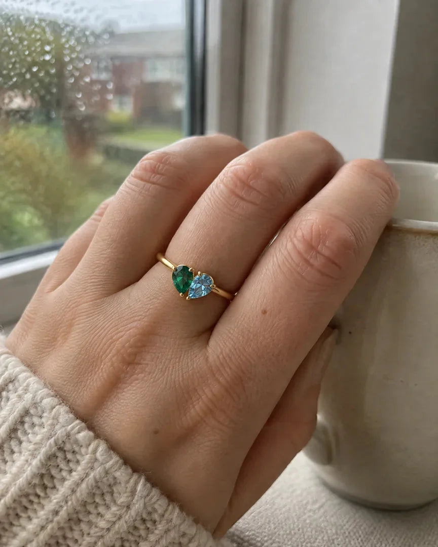 Customer wearing the Veria Ring with two birthstones