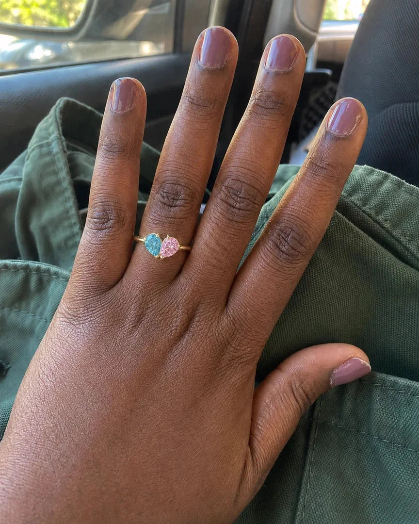 Customer wearing the gold Veria Ring with two stones